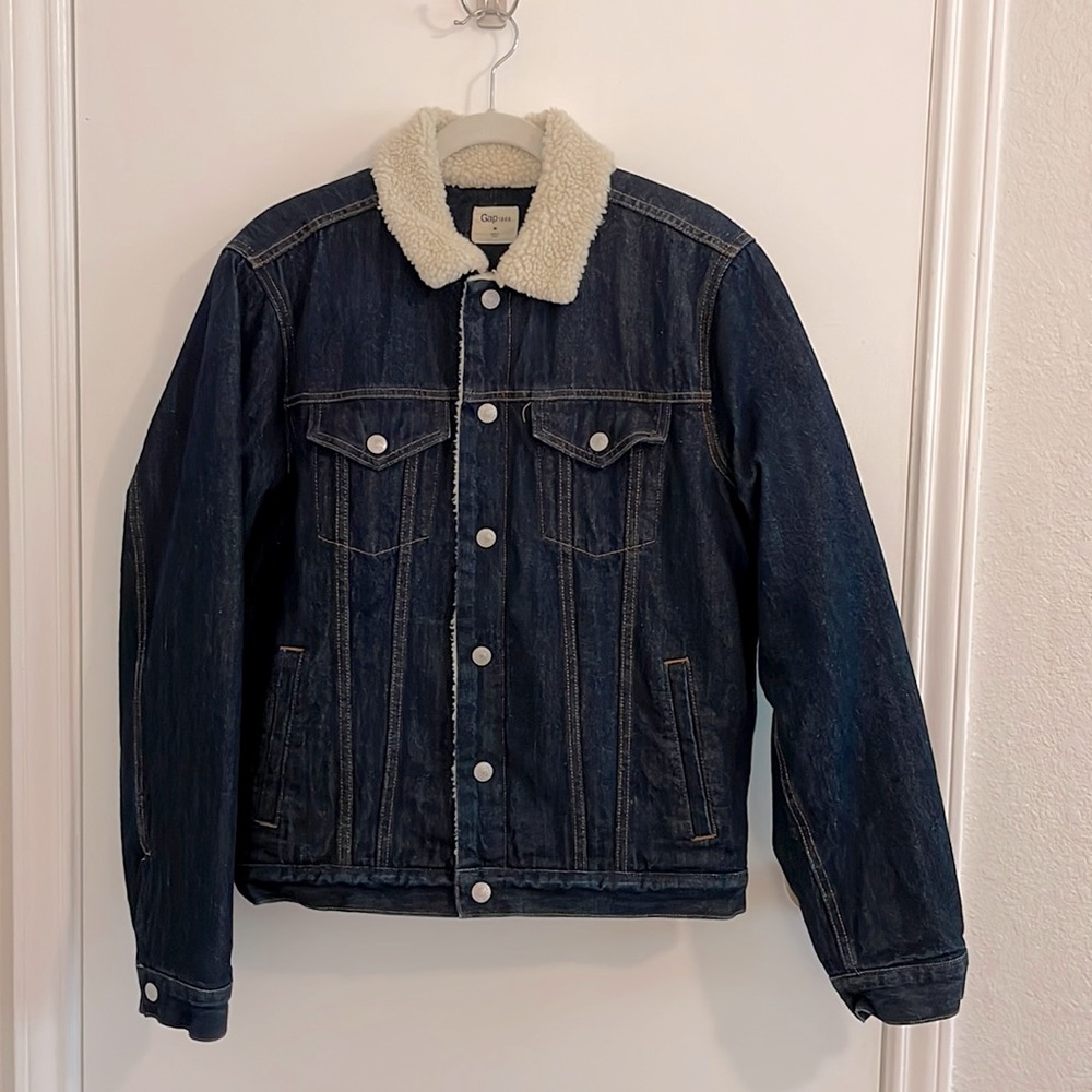 GAP Men’s Denim Sherpa Jacket, Dark Wash Blue, M